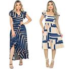 Kit 2 Vestido Feminino Longo/Midi Manga Evasê Babado Barra Malha Viscolycra