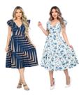 Kit 2 Vestido Feminino Midi Decote V Amarração Cintura Saia Godê Malha Viscolycra