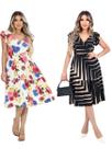 Kit 2 Vestido Feminino Midi Decote V Amarração Cintura Saia Godê Malha Viscolycra