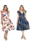Kit 2 Vestido Feminino Midi Decote V Amarração Cintura Saia Godê Malha Viscolycra