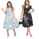 Kit 2 Vestido Feminino Midi Decote V Amarração Cintura Saia Godê Malha Viscolycra