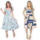 Kit 2 Vestido Feminino Midi Manga Curta Evasê Decote Quadrado Babado Barra Malha Viscolycra