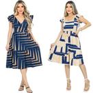 Kit 2 Vestido Feminino Midi Manga Curta Evasê Decote Quadrado Babado Barra Malha Viscolycra