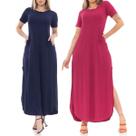Kit 2 Vestidos Longo De Lycra Premium Azul Marinho e Pink Com Fenda Lateral