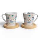 Kit 2 Xícaras Porcelana Olho Grego E Pires De Madeira Pinus Para Proteção E Decoração De Café E Chá
