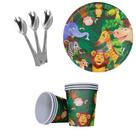 KIT 20 Convidados Pratos Copos Papel Colher 14cm Safari Zoologico Festa