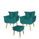 kit 2Poltronas com Puff Pé Palito Opala Suede Azul Turquesa