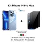 Kit 2x Películas 3D de Vidro Privacidade + Capa Anti Shock para Iphone 14 Pro Max Transparente