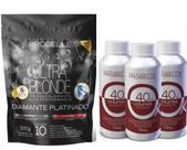 Kit 3 águas oxigena 40v 75ml+pó descolorante diamante platinado stand pouch 300g probelle