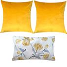 Kit 3 Almofadas Composê Veludo Amarelo Liso e Floral Cinza