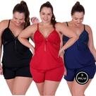 Kit 3 Baby Doll Plus Size Blusa Alça e Short Detalhe Renda - KIT 3 SIMONE PRETO MARINHO VERMELHO