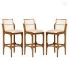 Kit 3 Banquetas Alta com Encosto Rattan Lisboa Madeira Imbuia Linho Bege M58 RMI