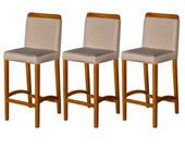 Kit 3 Banquetas Alta Dubai com Puxador em Madeira Maciça Banco Estofado Reflorestada Sala Gourmet Serv Festa Bar Lazer Sacada Apartamento Balcão