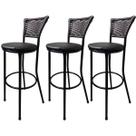 Kit 3 Banquetas Alta Encosto Junco Preto Assento Preto