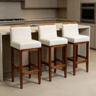 Kit 3 Banquetas Altas 75cm Cozinha De Madeira Maciça Estofada Com Encosto Bancada Americana Área Gourmet Linho