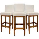 Kit 3 Banquetas Altas Estofada Encosto Tecido Linho Madeira Eucalipto Cozinha Bistrô Bancada Gourmet Americana