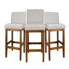 Kit 3 Banquetas Altas Estofada Encosto Tecido Linho Madeira Maciça Eucalipto para Cozinha Bistrô Bancada Gourmet Americana