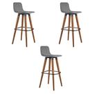 Kit 3 Banquetas Altas Luxo Linea Aço Preto Linho Cinza Base Carvalho