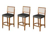 Kit 3 Banquetas Altas Pés Em Madeira Maciça Com Encosto em Rattan e Assento Estofado Conforto, Design Clássico e Elegância para Cozinha ou Balcão