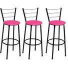 Kit 3 Banquetas Altas Preta com Encosto Assento Rosa