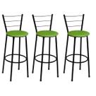 Kit 3 Banquetas Altas Preta com Encosto Assento Verde