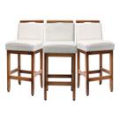 Kit 3 Banquetas Baixa 63cm Estofadas com Encosto Madeira Maciça de Eucalipto Tecido Linho Cozinha Bar Area Gourmet Bancada Americana