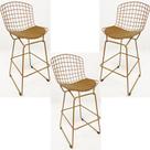 Kit 3 Banquetas para Cozinha média Bertoia cor Dourado fosco assento cor caramelo altura 60cm - Poltronas do Sul