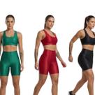 KIT 3 Bermuda Fitness Com Bolso Esmeralda Bella Fiore Cós Alto Academia Treino Feminina Musculação Tamanho:MCor:Verde+V