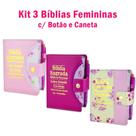 Kit 3 Bíblias Letra Grande Feminina com Harpa - Botão e Caneta - Edição de Promessas