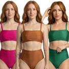 KIT 3 Biquíni Cropped Hot Pants Top Faixa Liso Bella Fiore Cintura Alta Para Verão Praia Confortavel Tamanho:GGCor:Rosa