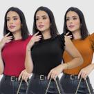 Kit 3 Blusa Feminina Regata Manga Curta Bufante Canelada