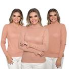 Kit 3 Blusa Feminina Tricô Deconte V Gola Alta Manga Botão Lã Lisa Inverno