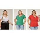 Kit 3 Blusa Plus size Feminina T Shirt Manga Curta Decote V Básica Soltinha Academia Dia a Dia Blusa Grande Feminina