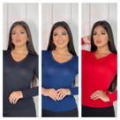 Kit 3 Blusas feminina lisa manga longa gola v