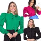 Kit 3 Blusas Feminina Manga longa Bufante com Gola e Laço