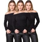 Kit 3 Blusas Feminina Ombro a Ombro com Lateral Franzida Manga Longa