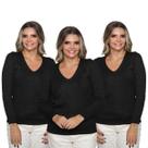 Kit 3 Blusas Feminina Tricô Suéter Manga Longa Trançado Frio