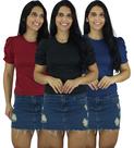 Kit 3 Blusas Femininas Manga Bufante Princesa Malha Canelada Moda Verão Atacado Revenda Kit 3 Blusas Femininas Manga Bufante Princesa Malha Canelada Moda Verão Atacado Revenda