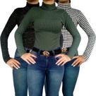 Kit 3 Blusinhas Femininas Gola Cacharrel Manga Longa Justas Peças Sortidas Jacquard Pp ao Plus Size