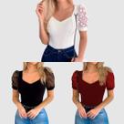 Kit 3 Body Blusa Canelada Manga Curta Tule Poa Moda Casual Verão Top - ok