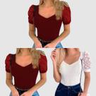 Kit 3 Body Blusa Canelada Manga Curta Tule Poa Moda Casual Verão Top - ok