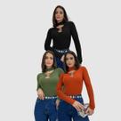 Kit 3 Body Blusinha Manga Longa Gola Choker Detalhe Argola Inverno Elegante
