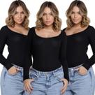 KIT 3 Body Canelado Manga Longa Vekyo Roupa Blogueira Moda Gringa Feminina