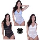 Kit 3 Body de Renda Feminino Decotado sem Bojo Decote - C10 KIT 3 BODY LUIZA PRETO FROZEN E BRANCO