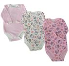 Kit 3 Bodys de Bebê Antialérgico Manga Longa Estampado/Listrado Menina Kit 3 Bodys de Bebê Antialérgico Manga Longa Estampado/Listrado Menina