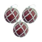 Kit 3 Bolas de Natal Nevada Vermelho com Branco 8 cm para Árvore Natalina Tok da Casa