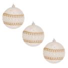 Kit 3 Bolas Natal 8cm Brancas Cravejada Bordado Dourado Luxo