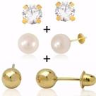 Kit 3 Brincos 7mm Ouro 18k 750 Pérola Bolinha Ponto De Luz