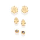 Kit 3 brincos rommanel banhado ouro 3x 24k 18k e 22k feminino pequenos 1 flor 1 solitário pedra zircônia e 1 folha 527345 Kit 3 brincos rommanel banhado ouro 3x 24k 18k e 22k feminino pequenos 1 flor 1 solitário pedra zircônia e 1 folha 527345
