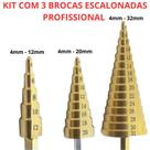 Kit 3 Broca Escalonada Espiral Aço Titânio 4 a 32mm Titânio Perfuração Metal Kit 3 Broca Escalonada Espiral Aço Titânio 4 a 32mm Titânio Perfuração Metal
